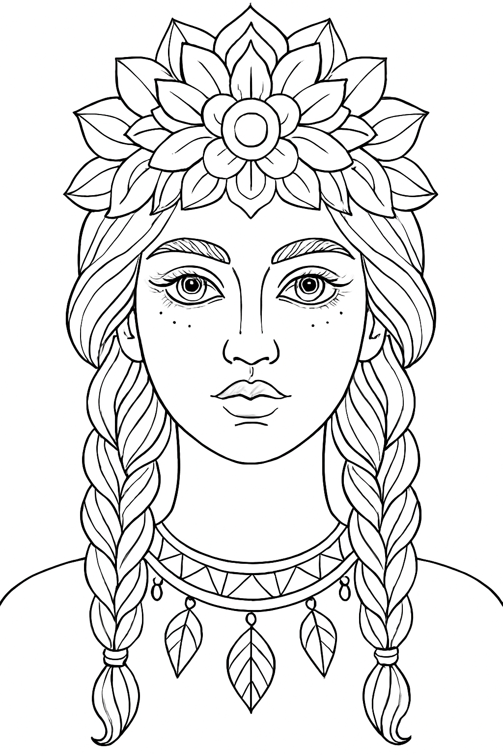 Intricate Black and White Young Woman Face Line Drawing Coloring Book Pages