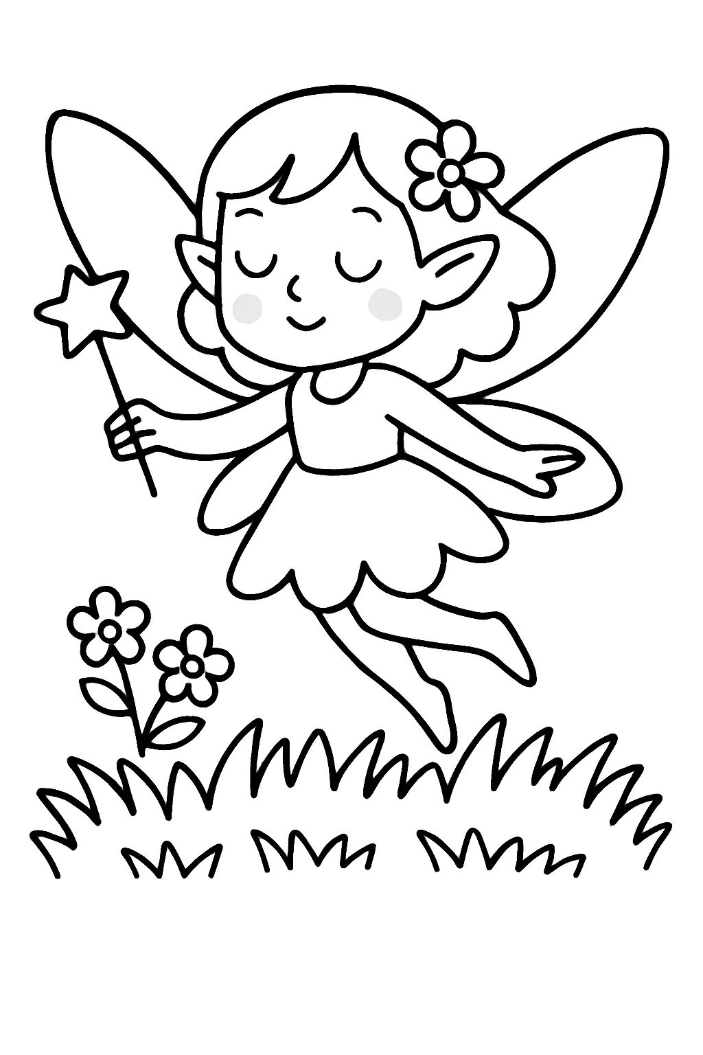 Whimsical Fairy in Mid-Air Black and White Line Drawing Coloring Book Pages