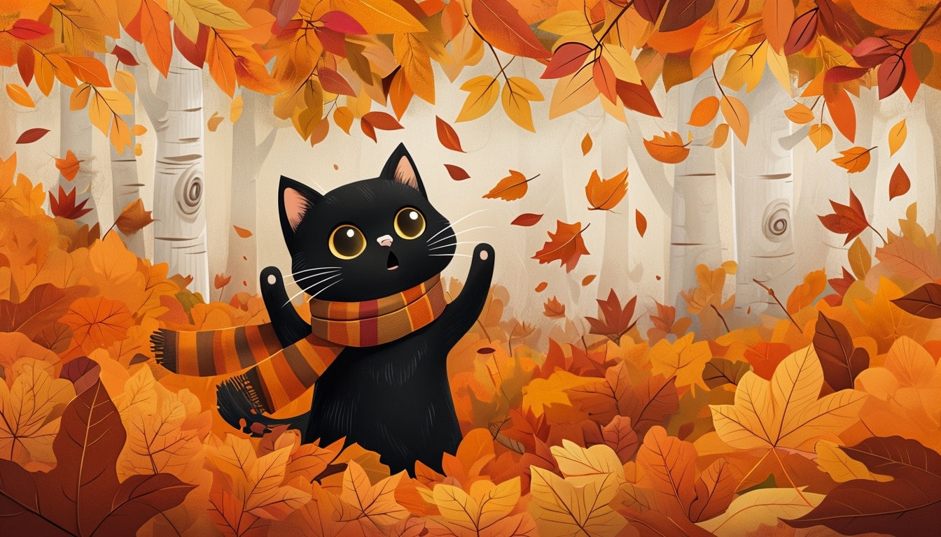 Whimsical Black Cat in Autumn Leaves Cartoon Art - Playground