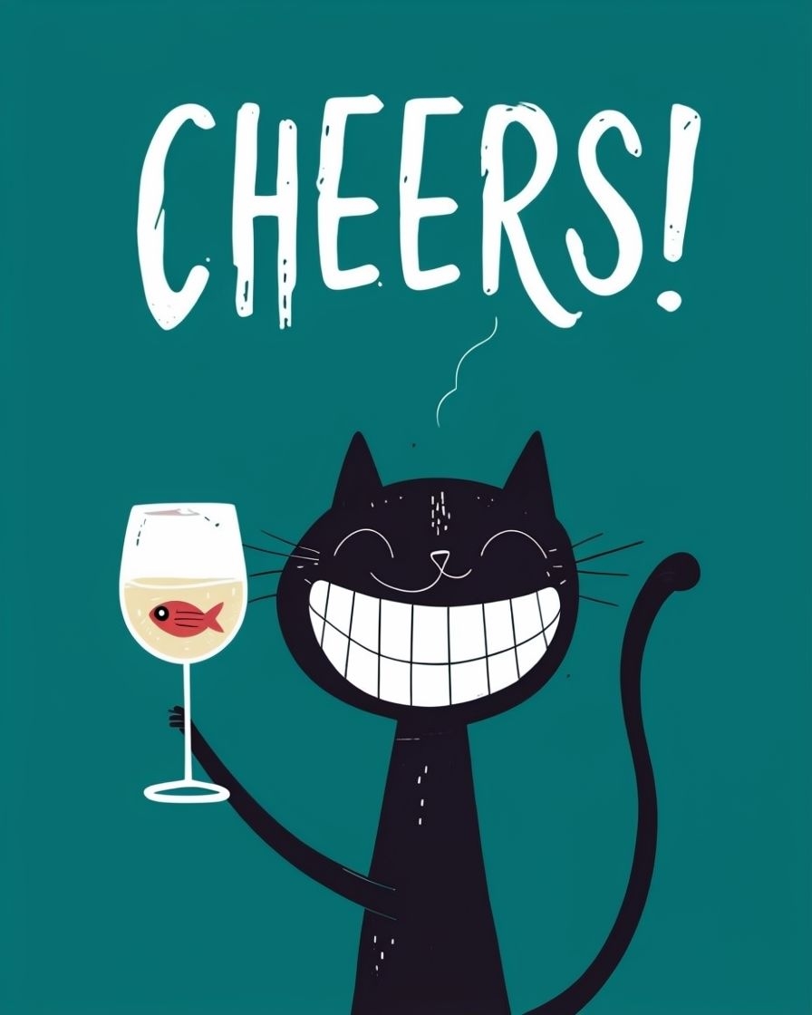 Cheerful Cartoon Black Cat with Wine Glass Celebrating Poster