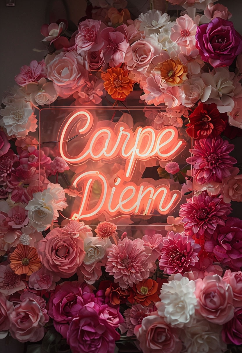 Vibrant Floral Arrangement with 'Carpe Diem' Neon Art Poster