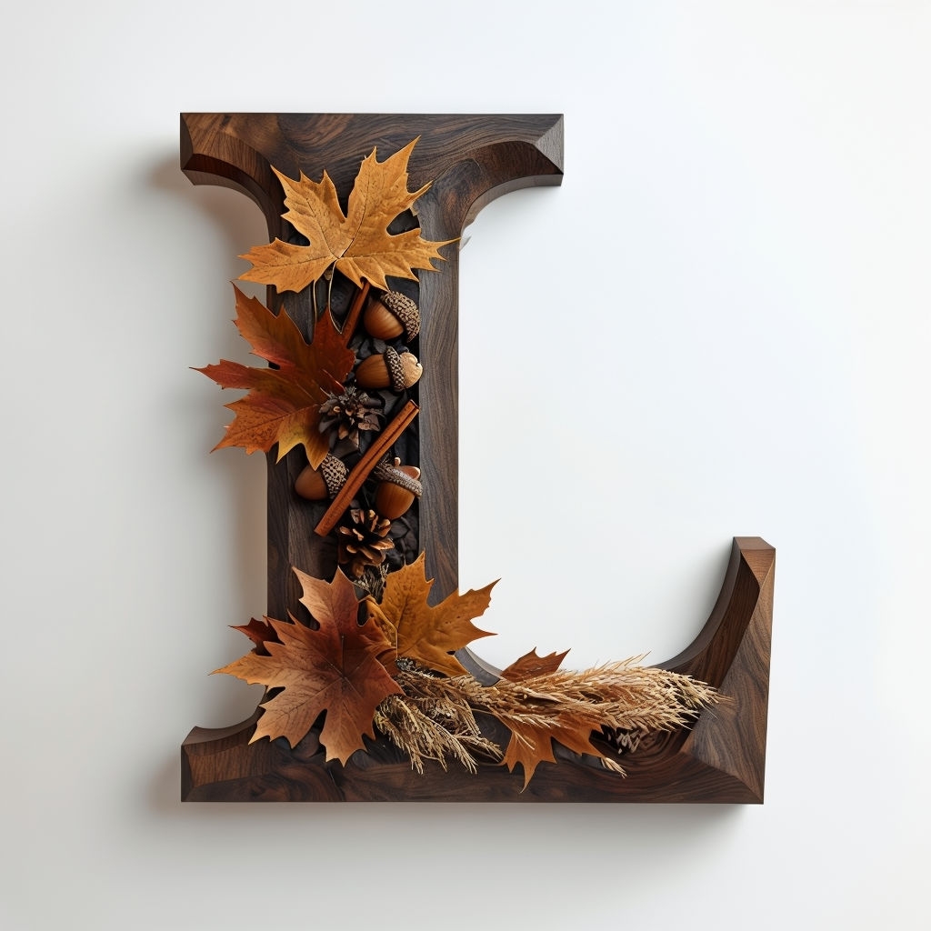 Autumn-Inspired Monogram 'L' with Leaves and Natural Accents