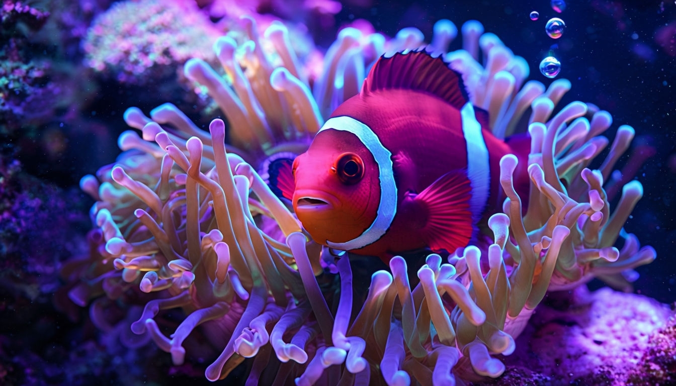 Vibrant Red Clownfish in Colorful Sea Anemone Virtual Background