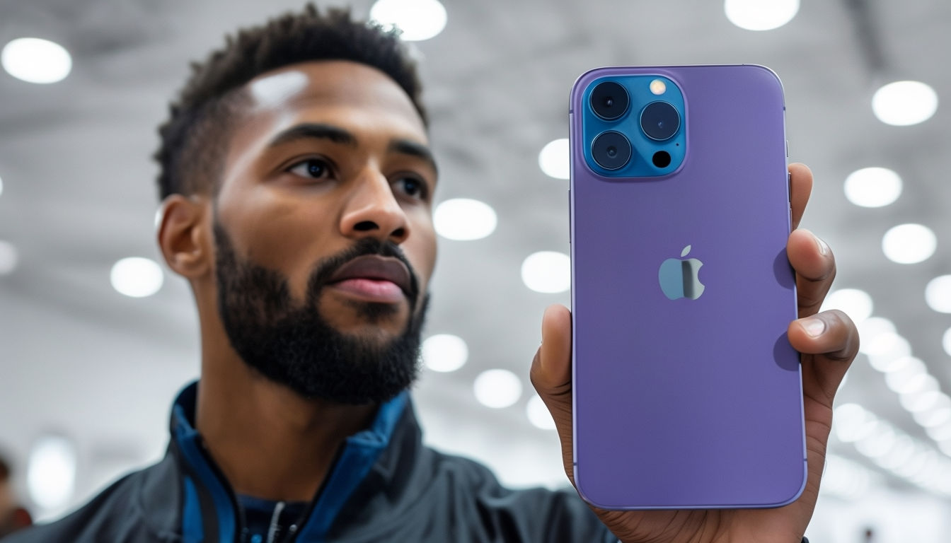 Focused Portrait of a Man Holding a Purple iPhone Photograph