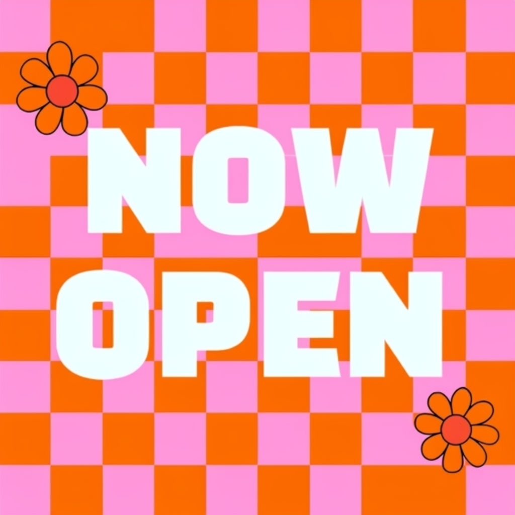 Vibrant Retro Checkerboard NOW OPEN Promotional Poster Social Media Post