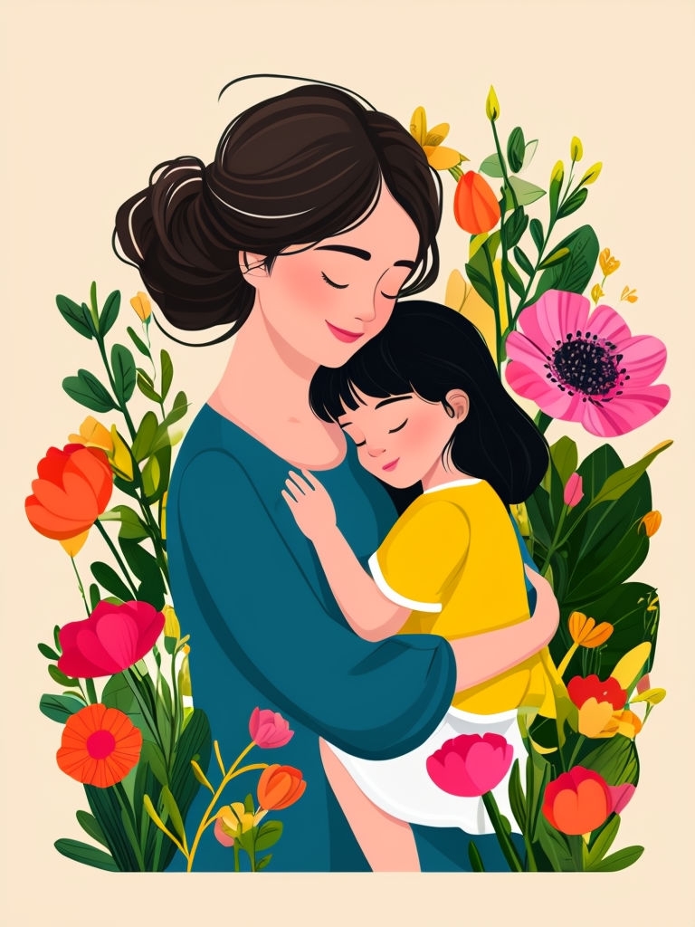 Heartwarming Mother Daughter Embrace Floral Illustration T-shirt