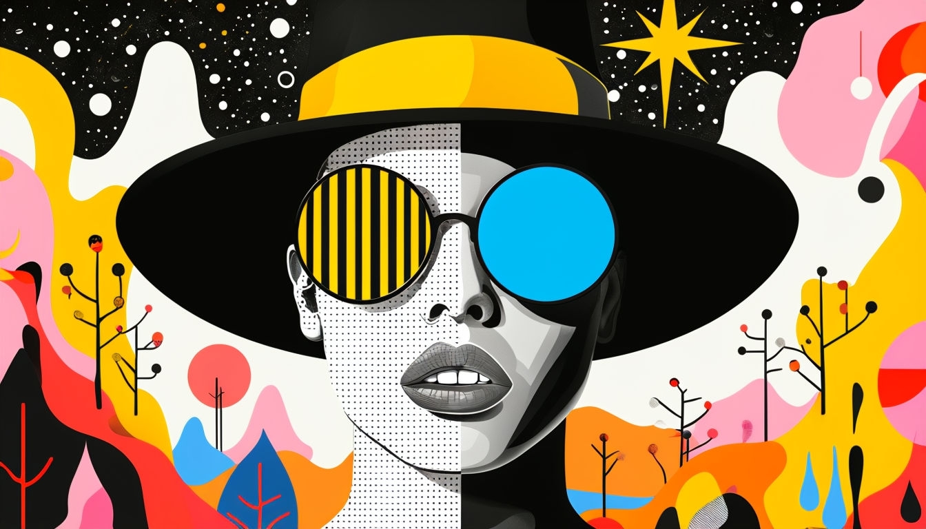 Grayscale Face with Colorful Glasses Abstract Art Background