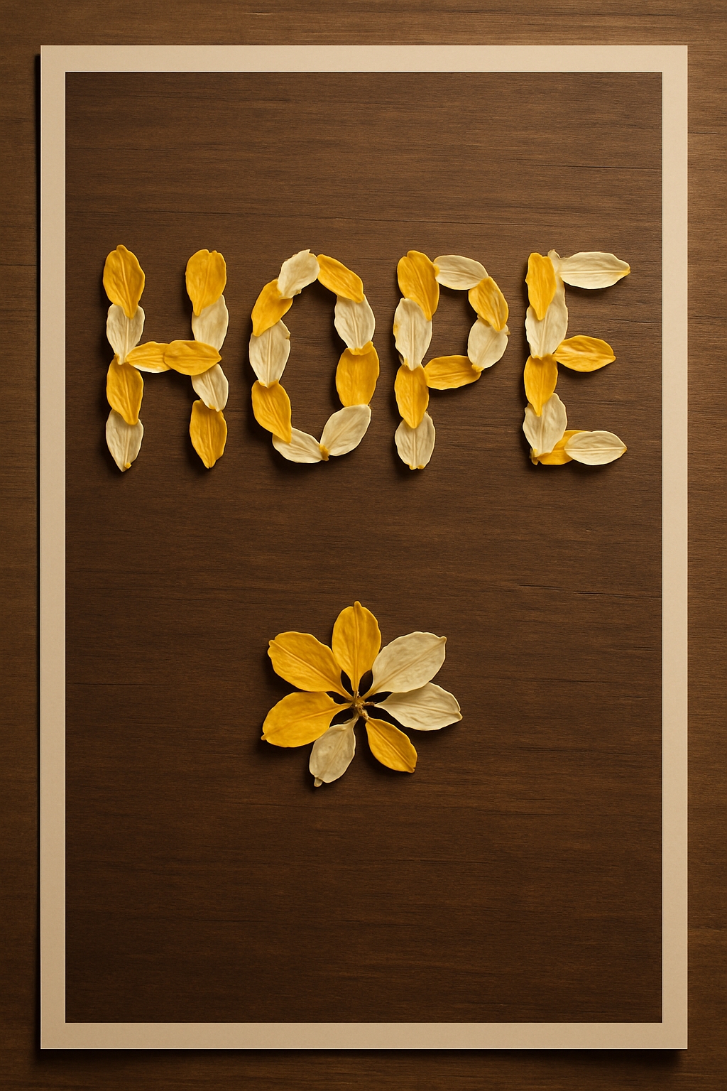 Dried Flower Petals Arranged to Spell 'HOPE' on Wood Poster