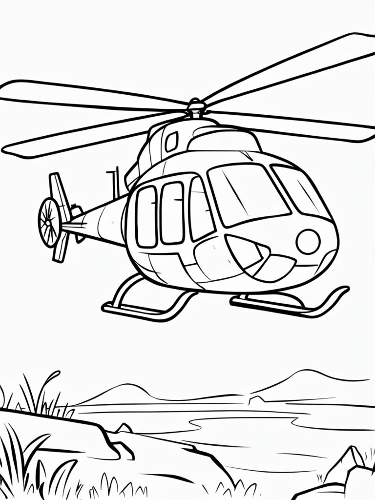 Cartoon Helicopter Line Drawing Over Landscape for Coloring Book Pages