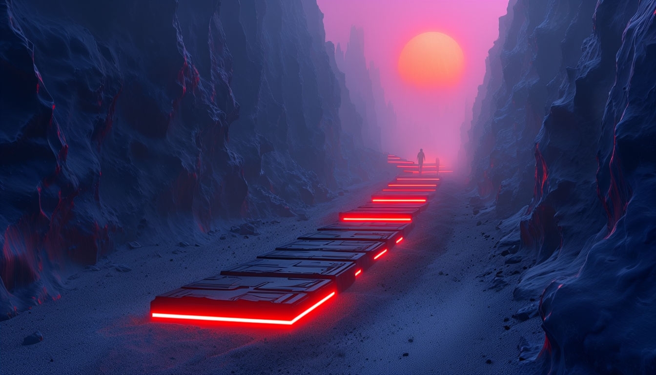 Futuristic Alien Landscape with Neon Pathway Virtual Background