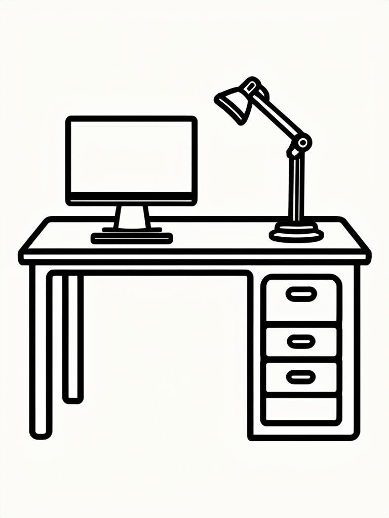 Simple Black and White Desk Illustration for Coloring Book Pages