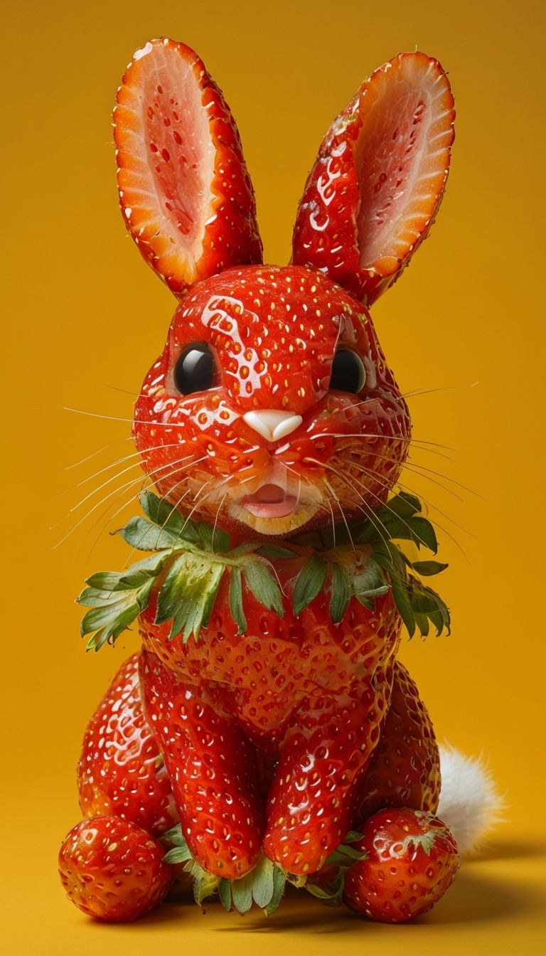 Strawberry Bunny Surreal Art with Vibrant Yellow Background Art