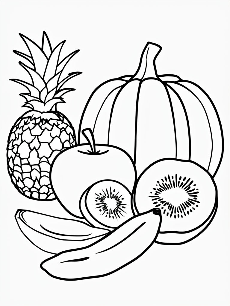 Assorted Fruits Black and White Line Drawing Coloring Page