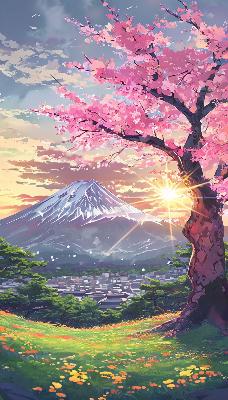 Serene Anime Sunset Landscape with Cherry Blossom Tree Mobile Wallpaper
