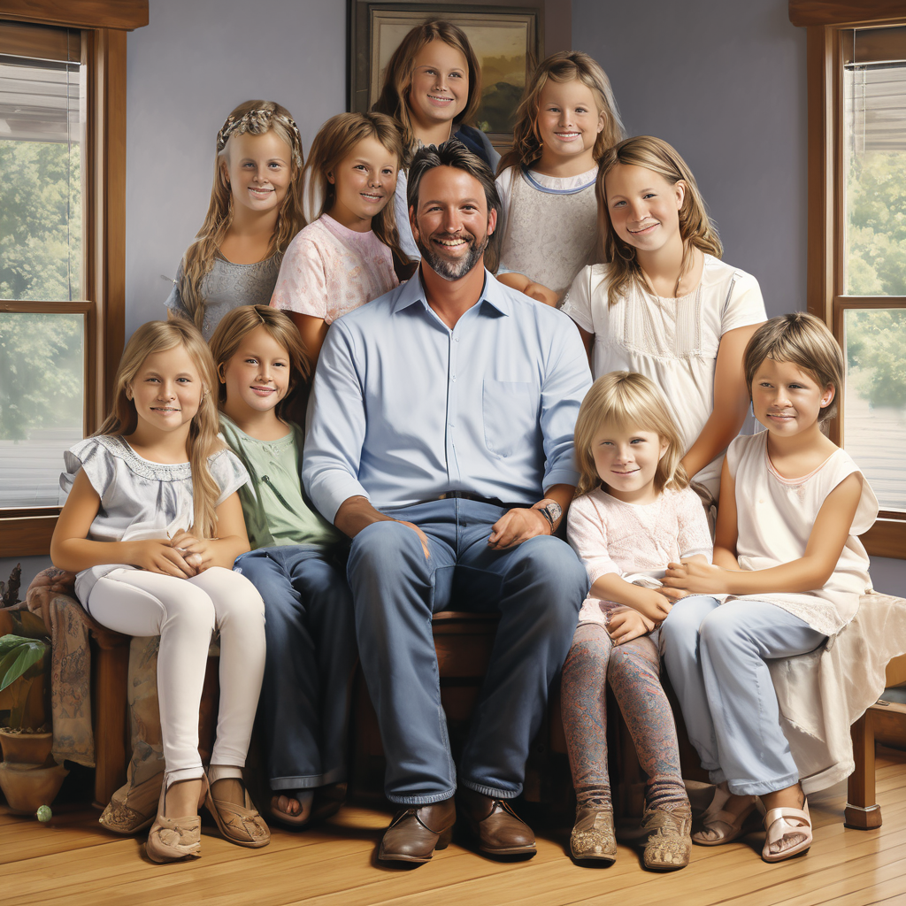 A man of the house with his wife and 4 children sitting arou... by E