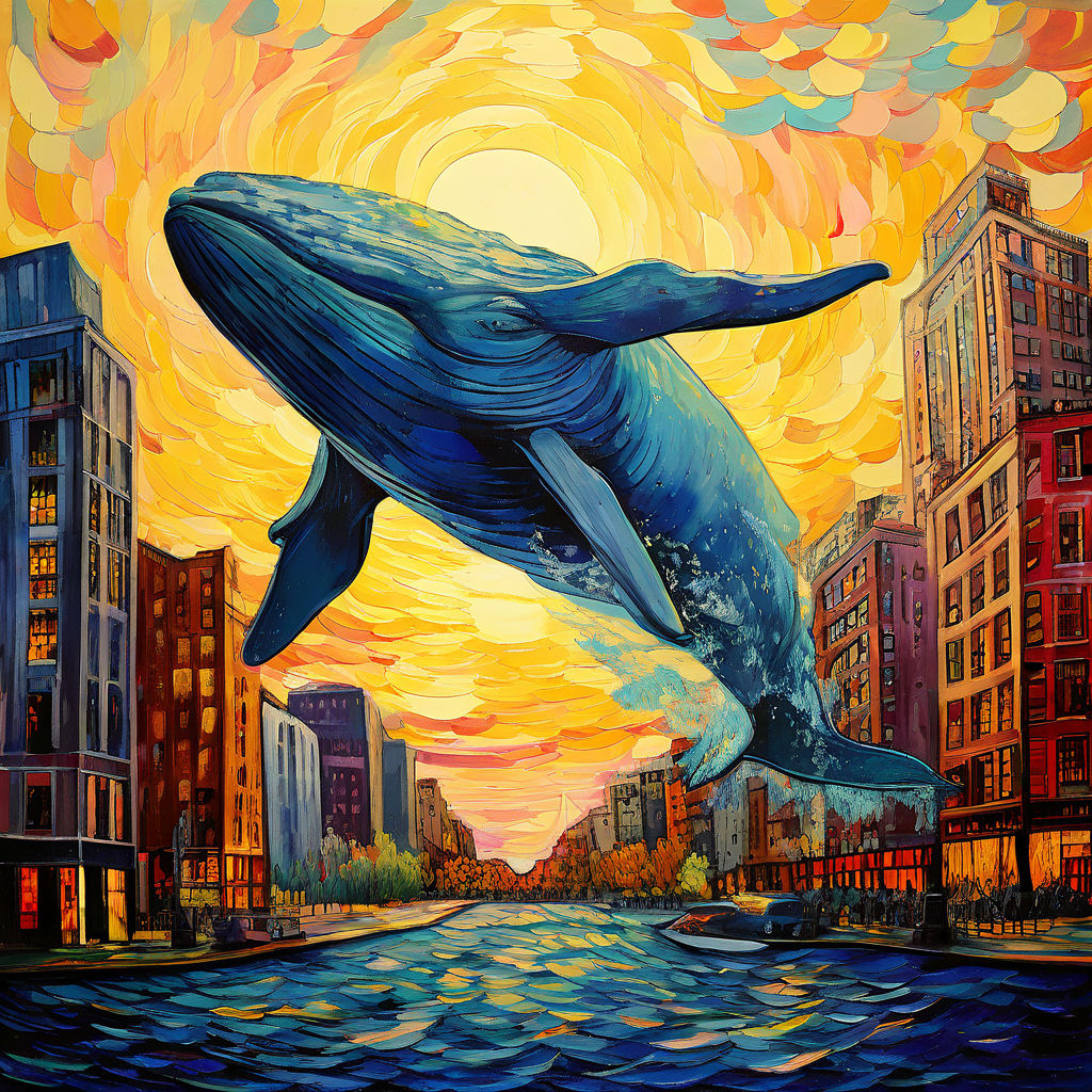 The scene of a large whale flying between tall buildings and... by 아셋아빠