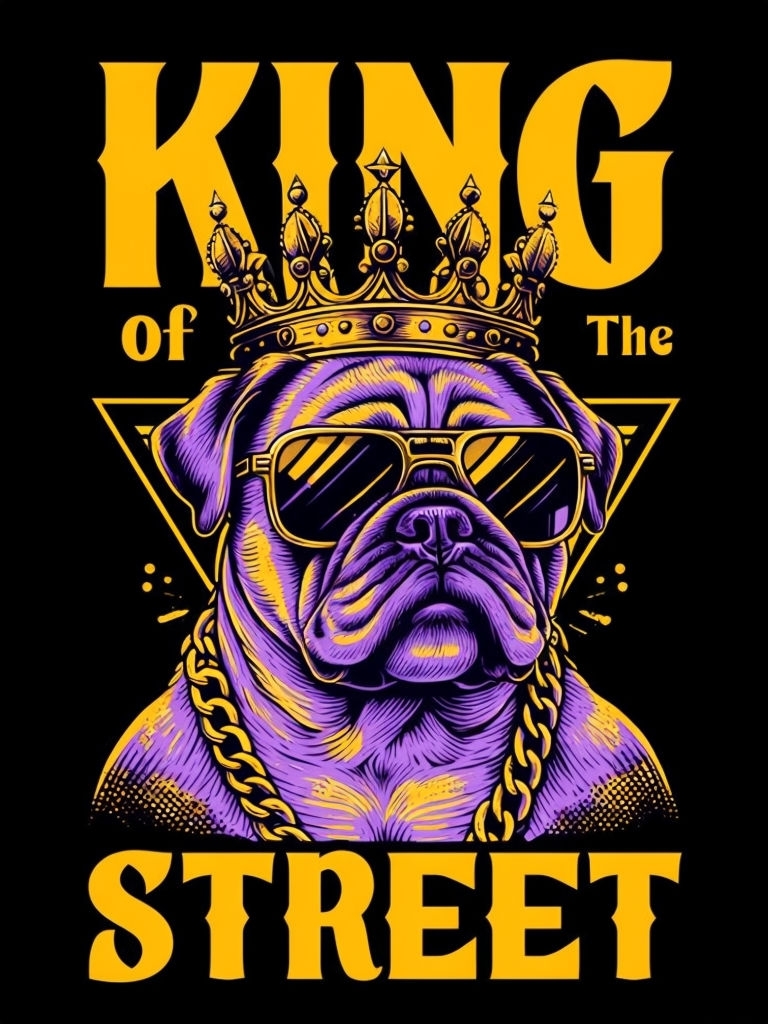 Vivid Purple Pug King Illustration in Gold and Amber T-Shirt