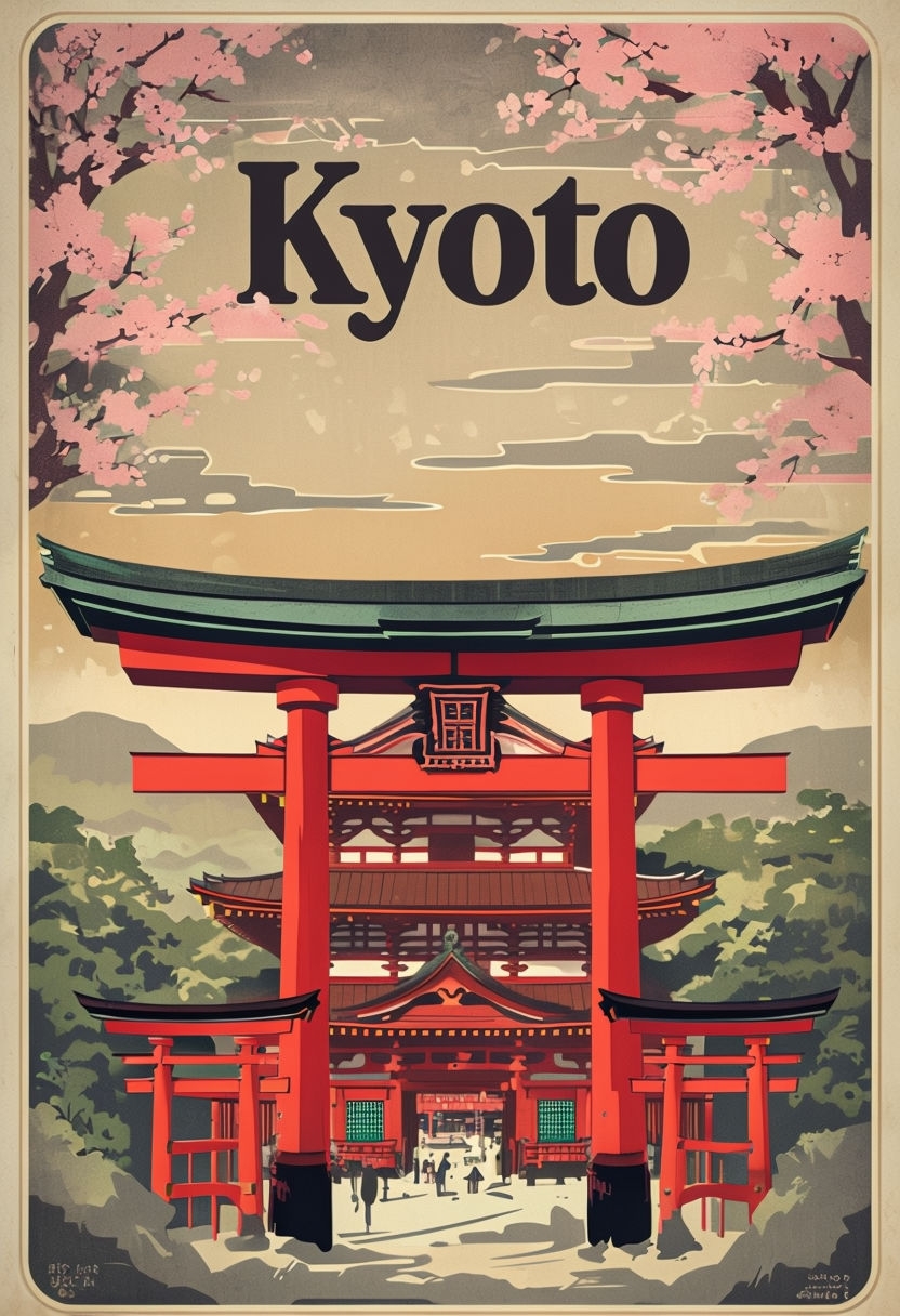 Vintage Kyoto Japan Travel Poster Featuring Torii Gate and Cherry Blossoms
