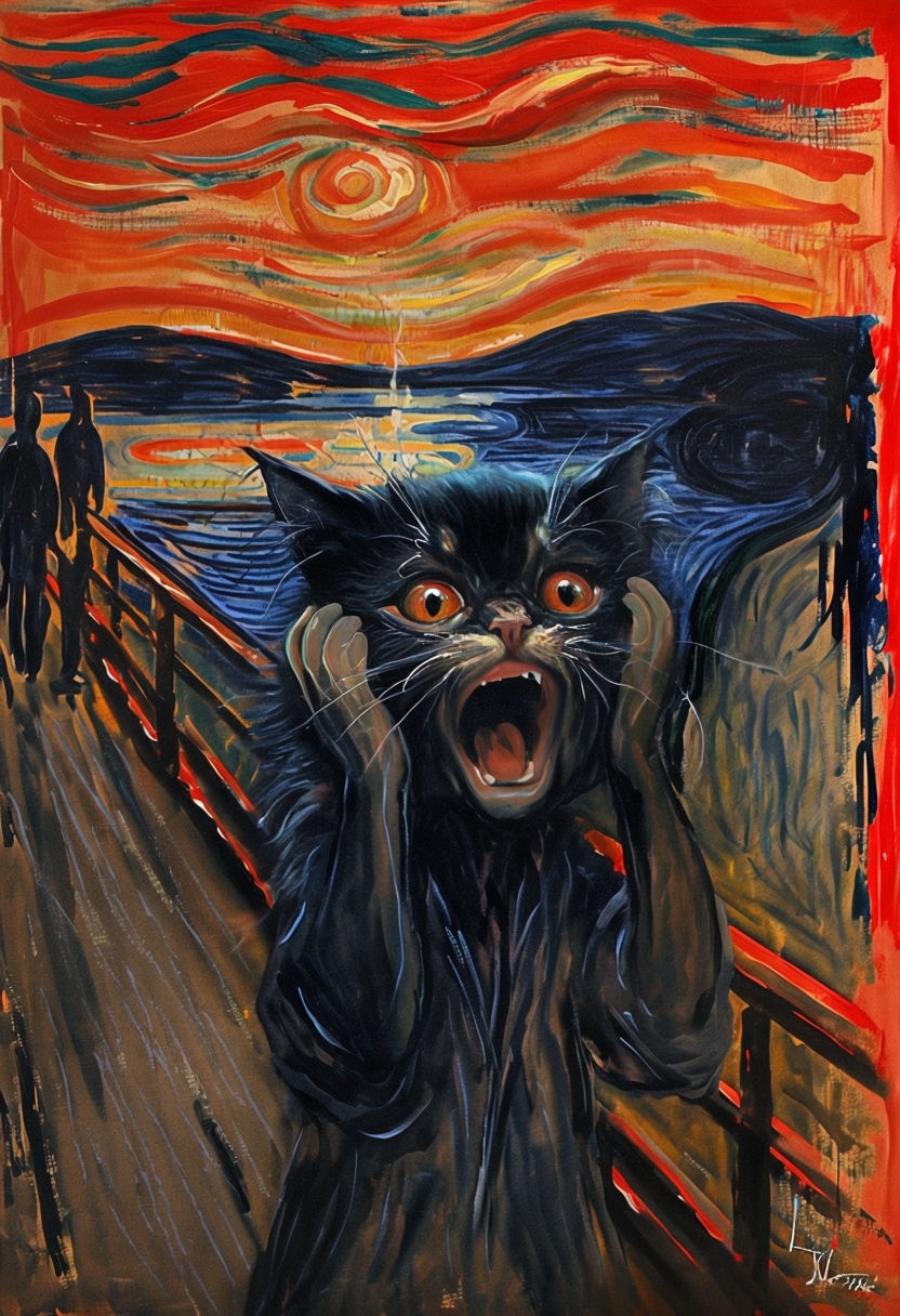 Distressed Black Cat Inspired by The Scream Painting Art