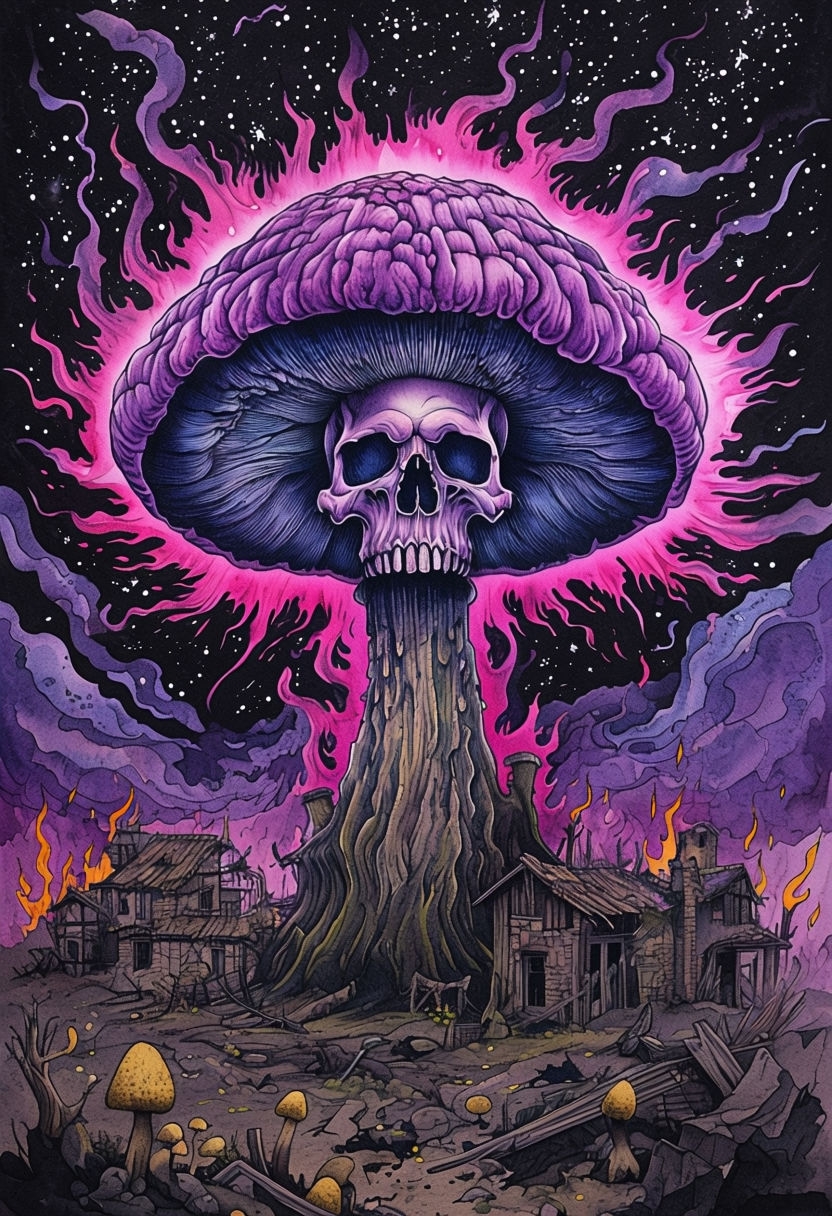 Surreal Skull Mushroom Dark Fantasy Watercolor T-Shirt