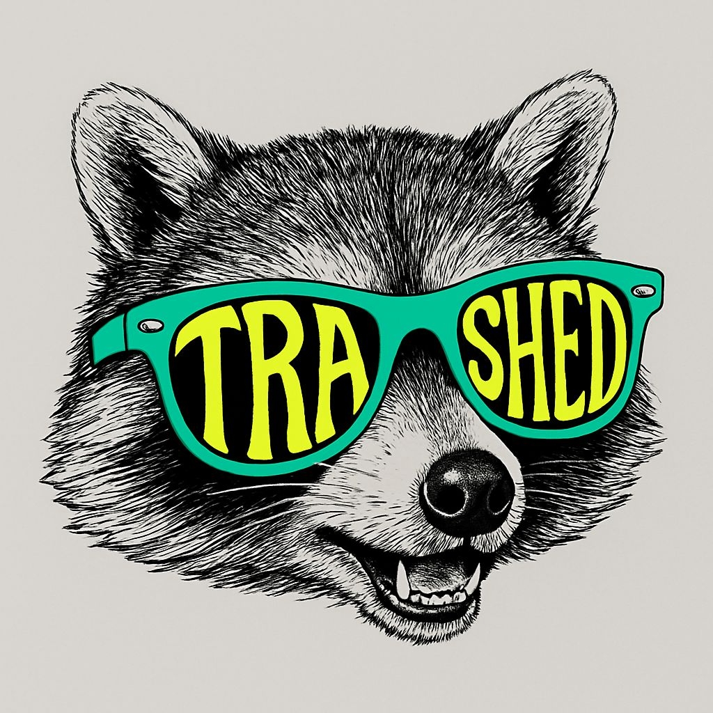 Playful Raccoon with Teal Sunglasses and 'TRASHED' Text T-Shirt