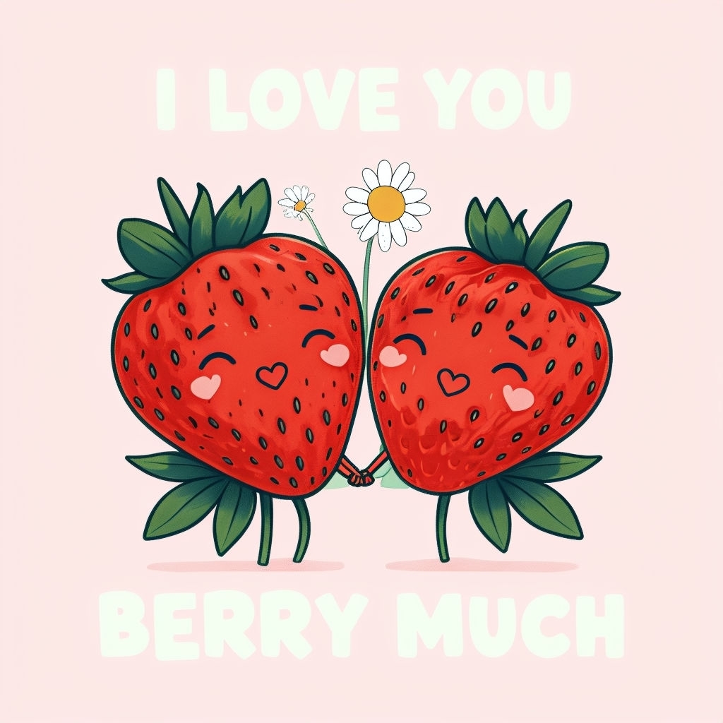 Cheerful Cartoon Strawberries with Love Message Social Media Post