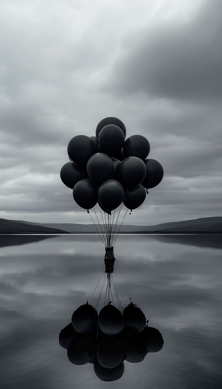 Surrealistic Black Balloons Floating Over Calm Reflective Water Mobile Wallpaper