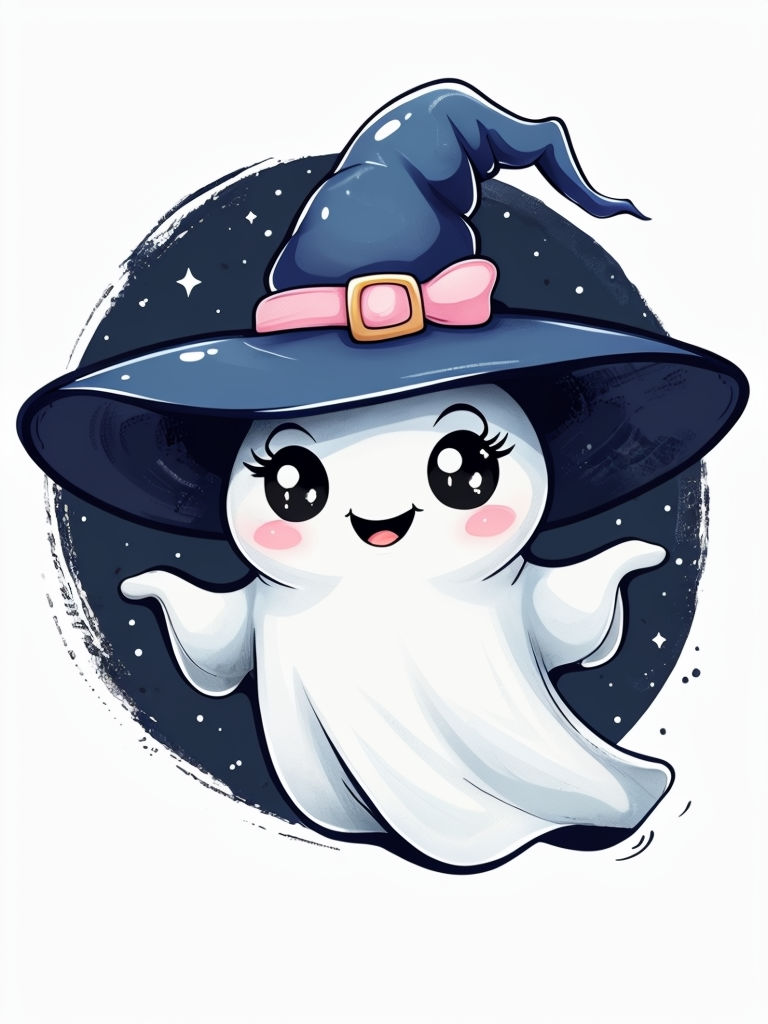 Friendly Cartoon Ghost with Witch Hat and Stars Art