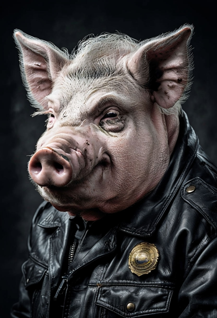 Intense Anthropomorphized Pig Portrait in Police Jacket Art