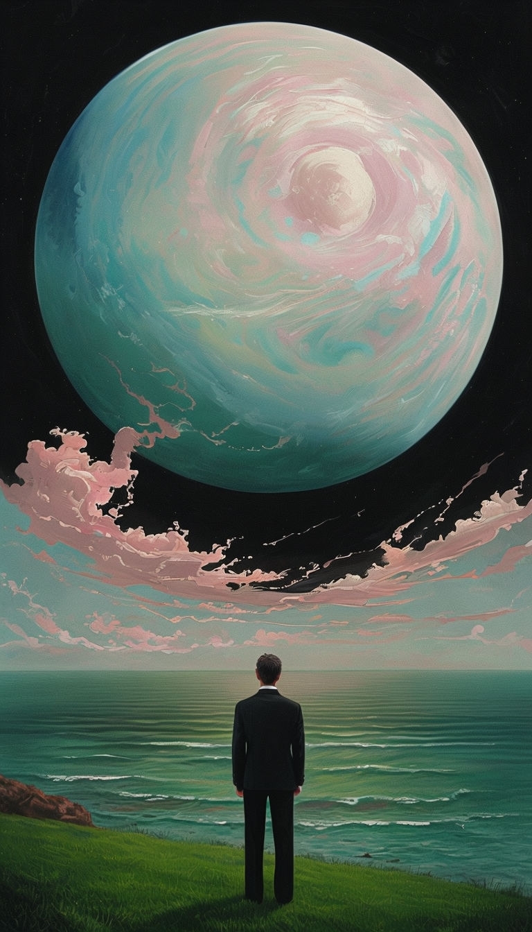 Surreal Celestial Landscape with Man on Grassy Hill Mobile Wallpaper