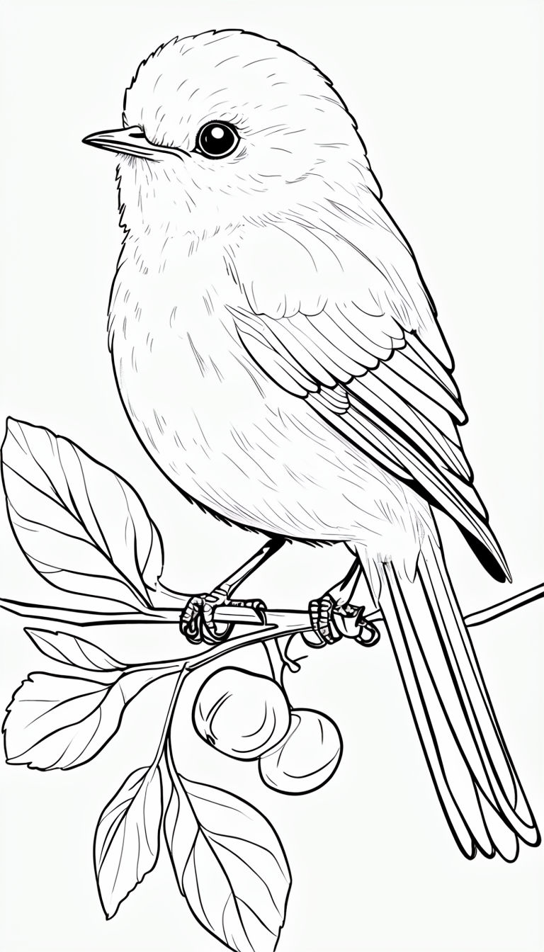 Black and White Bird on Branch Line Drawing Coloring Book Page