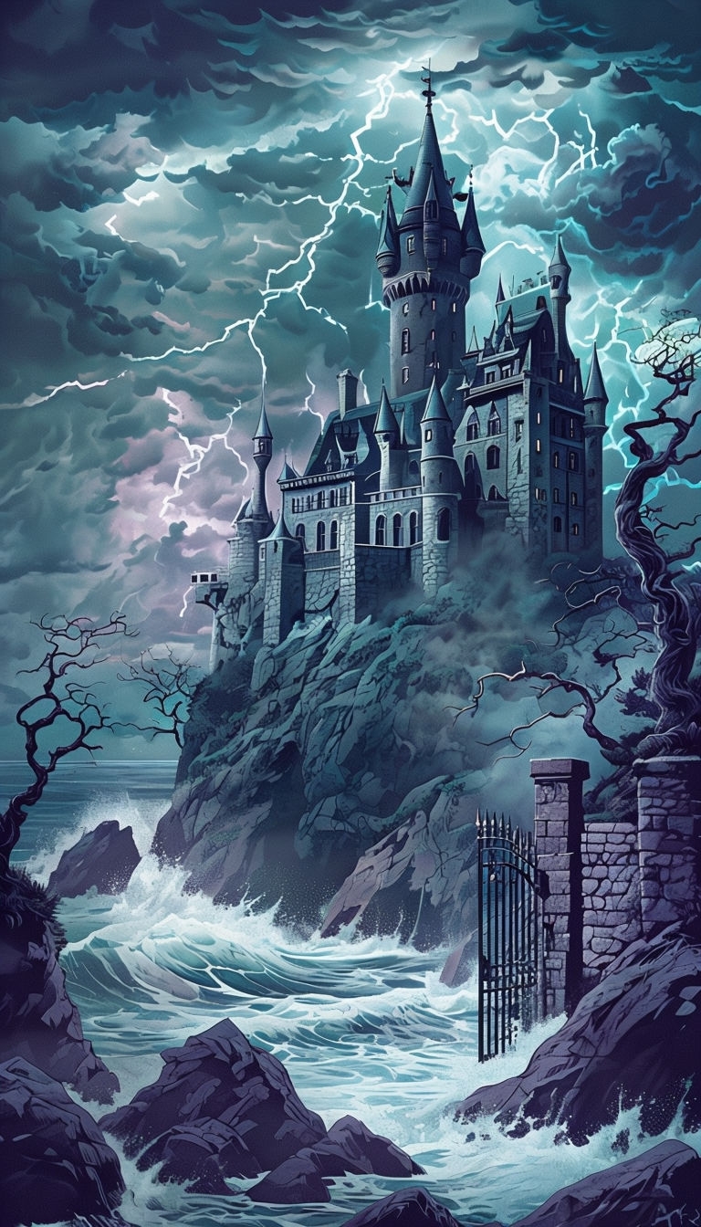 Gothic Castle Overlooking Stormy Sea Adventure Poster