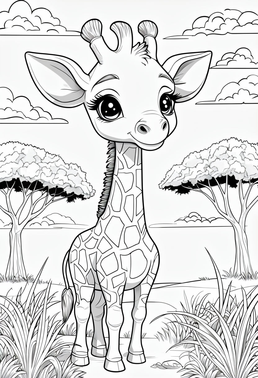 Cute Cartoon Giraffe in Savanna Coloring Page Design