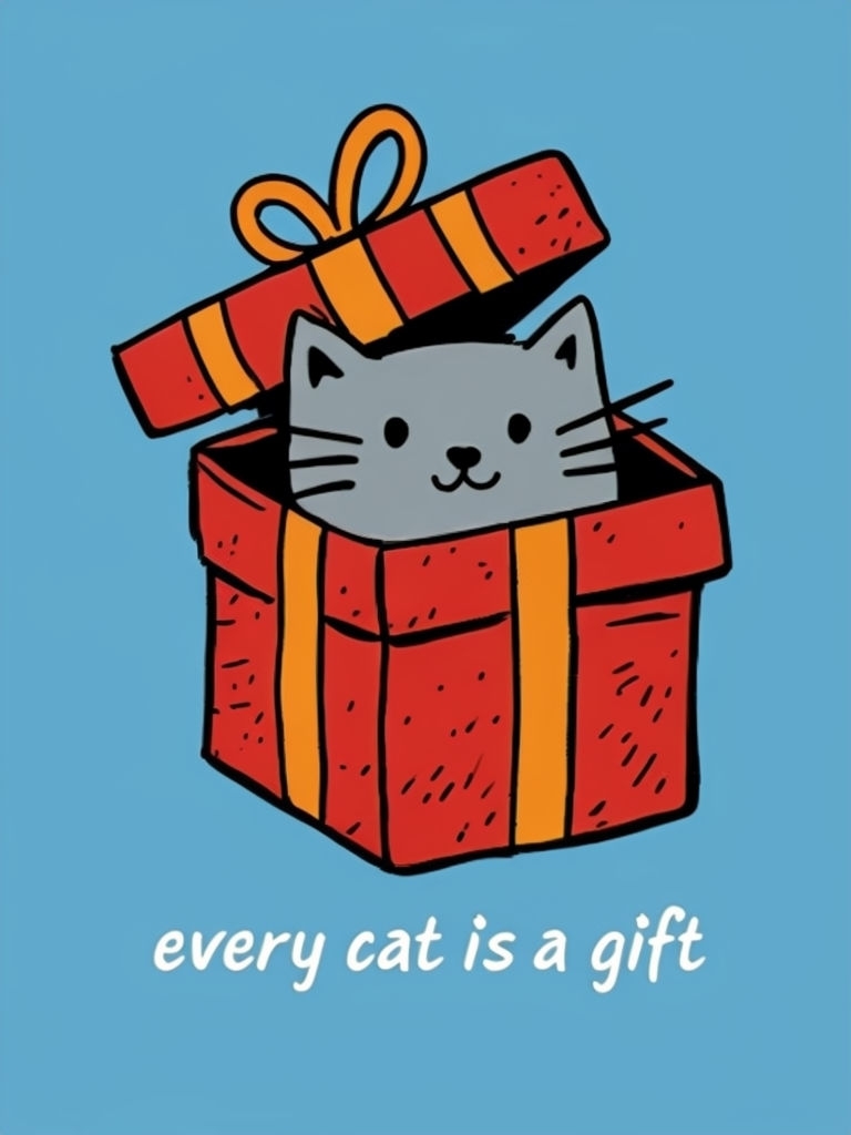 Playful Gray Cat Peeking from Gift Box Illustration Poster