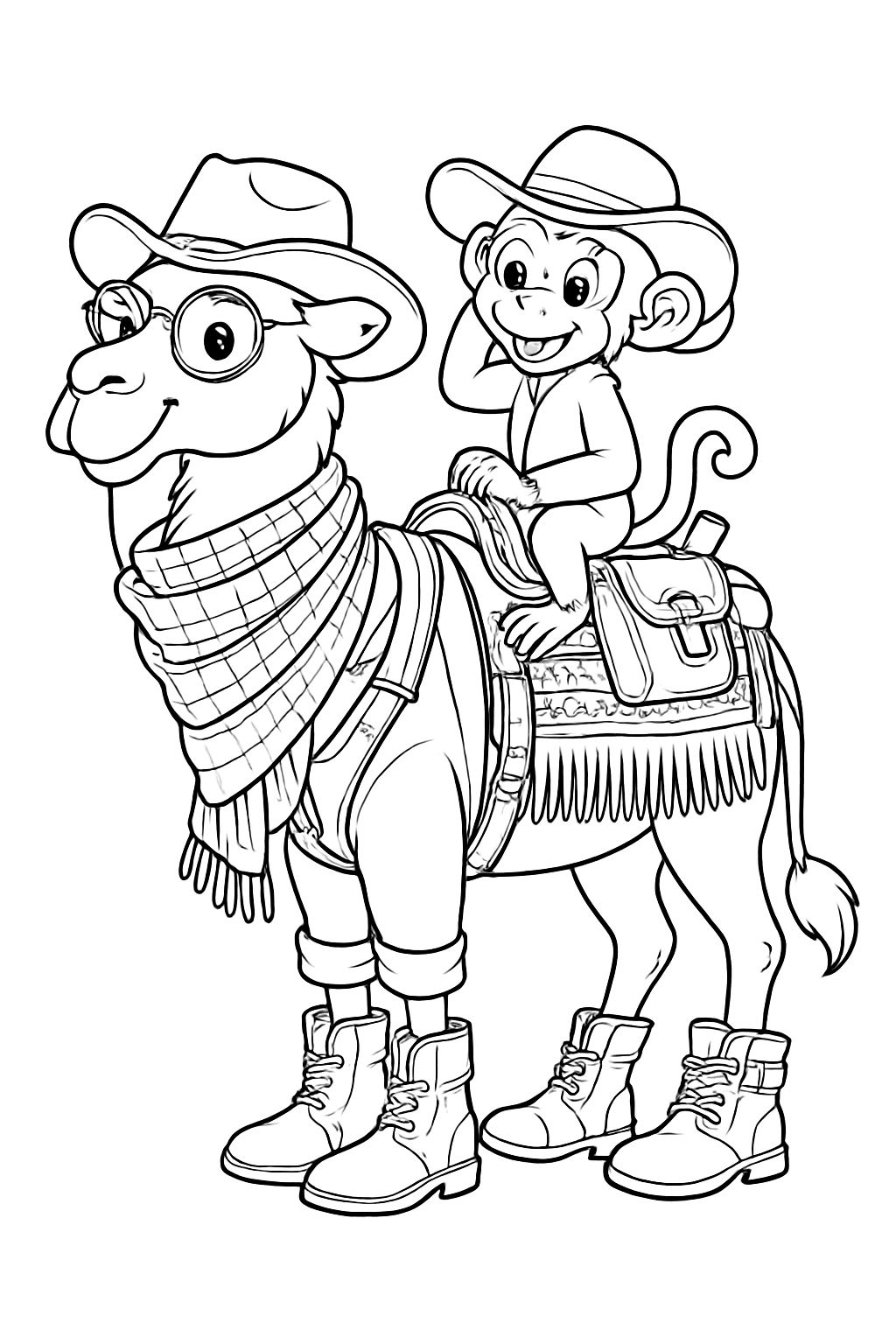 Adventurous Camel and Monkey Cartoon Characters Coloring Page