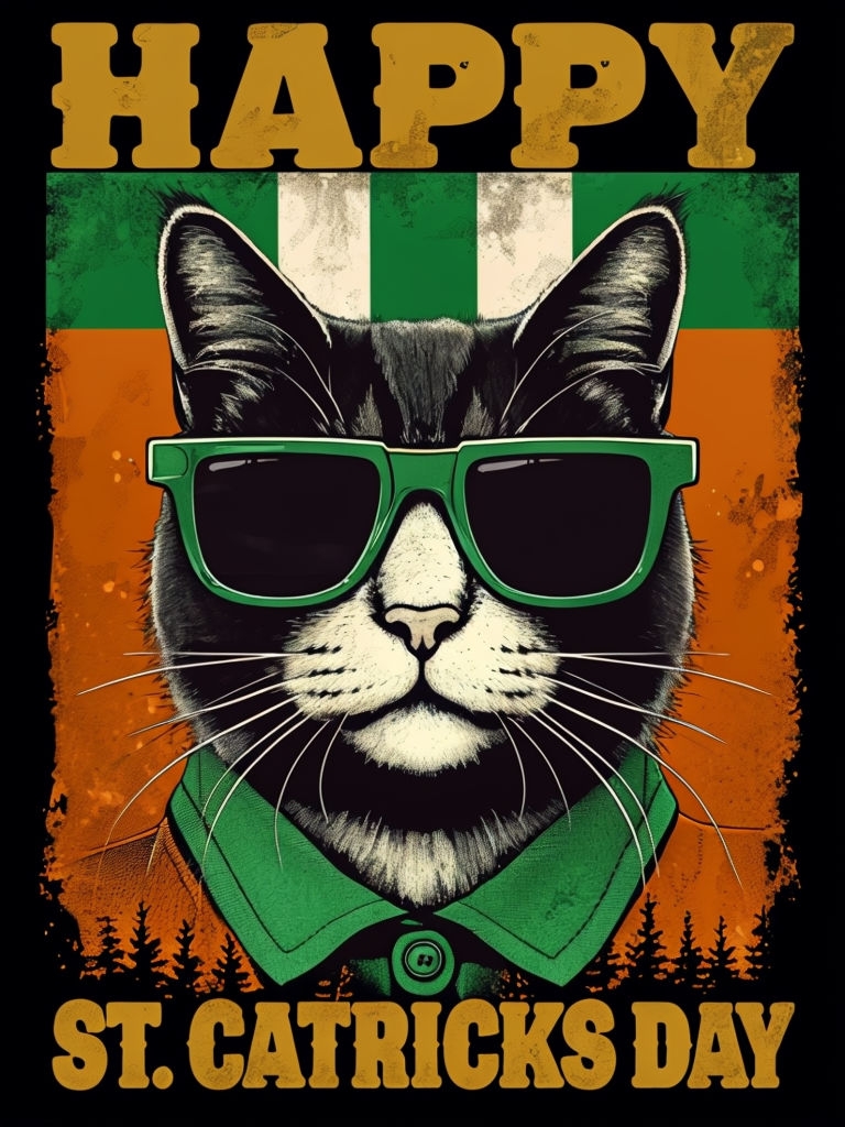 Festive Black and White Cat for St. Patrick's Day Celebration Poster