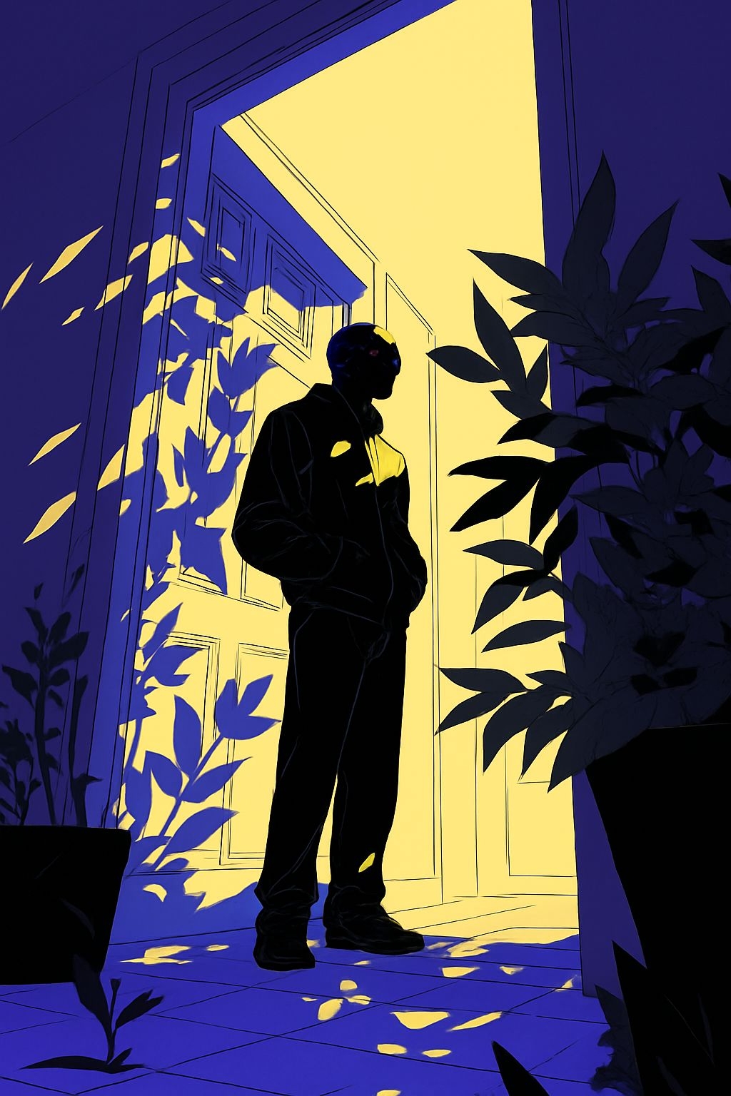 Mysterious Silhouette in Doorway with Bright Yellow Light Mobile Wallpaper