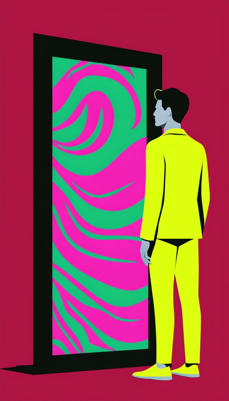 Stylized Figure Next to Abstract Patterned Mirror Mobile Wallpaper
