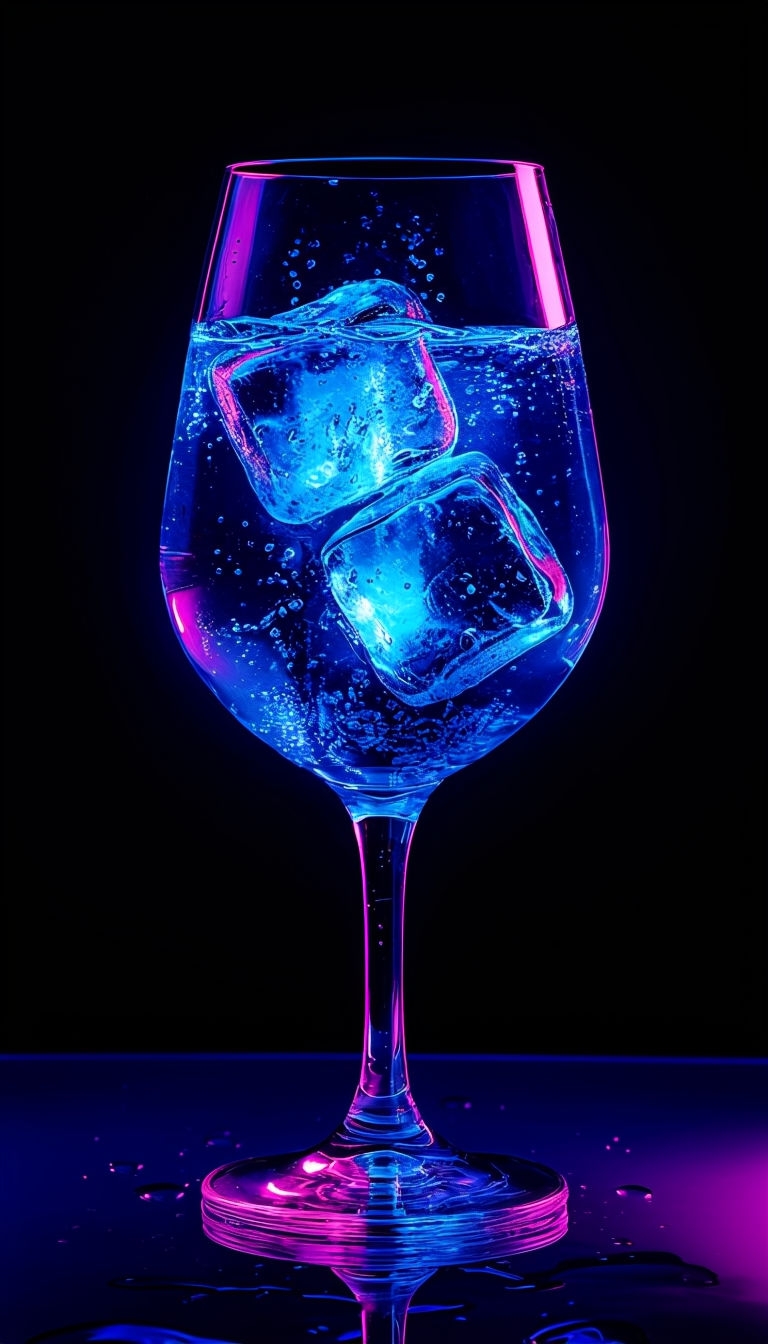 Neon-Lit Wine Glass with Ice Cubes and Bubbles Mobile Wallpaper