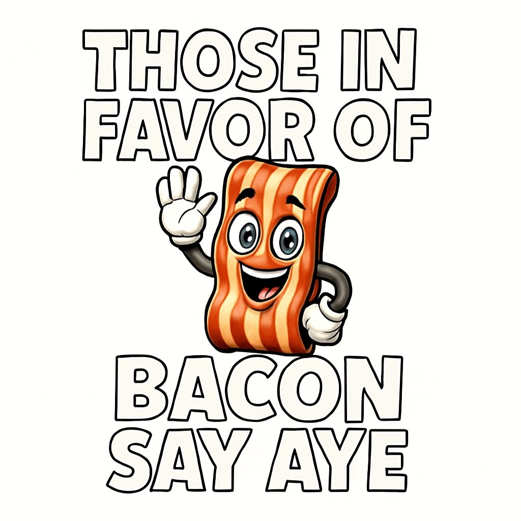 Cheerful Cartoon Bacon Character with Playful Text Sticker
