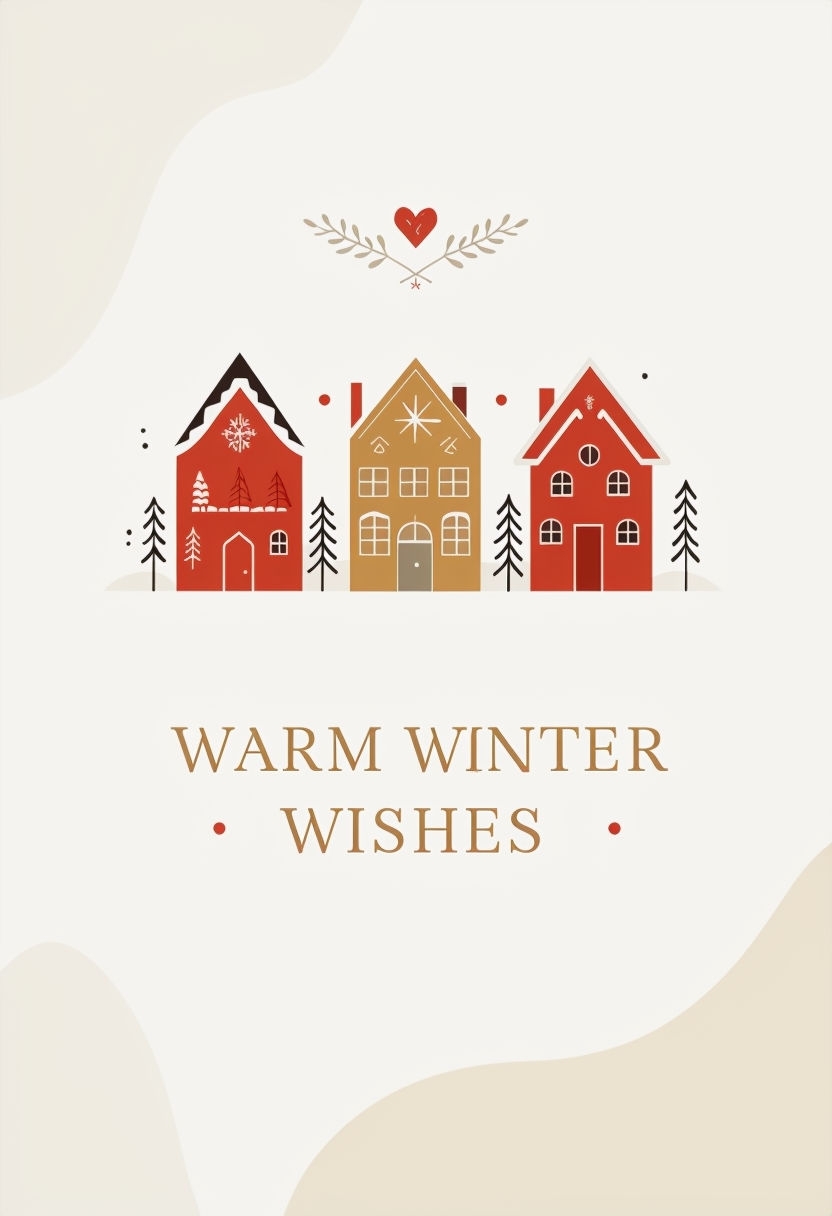 Cozy Scandinavian Holiday Greeting Card with Minimalist Houses Design ...