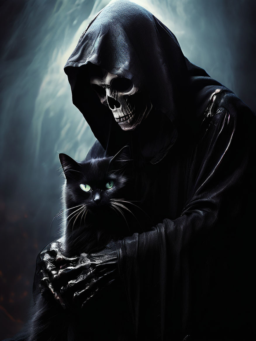 A Grim Reaper happly petting a beautiful friendly black cat by Darius ...