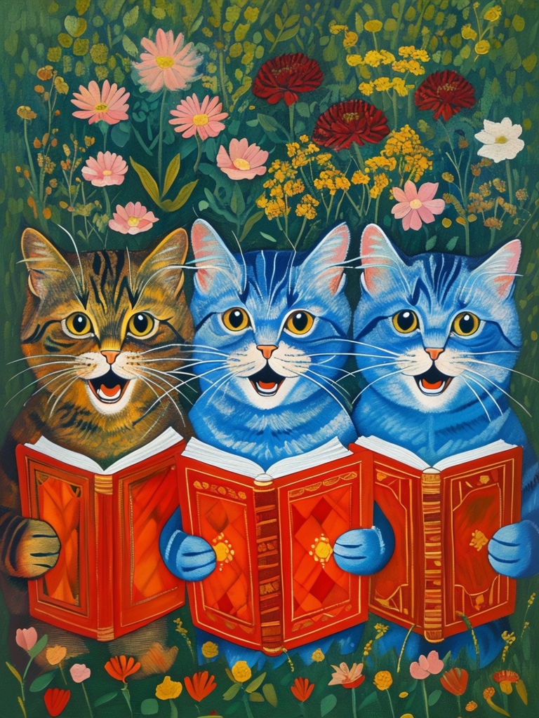 Whimsical Singing Cats in Colorful Floral Meadow Art