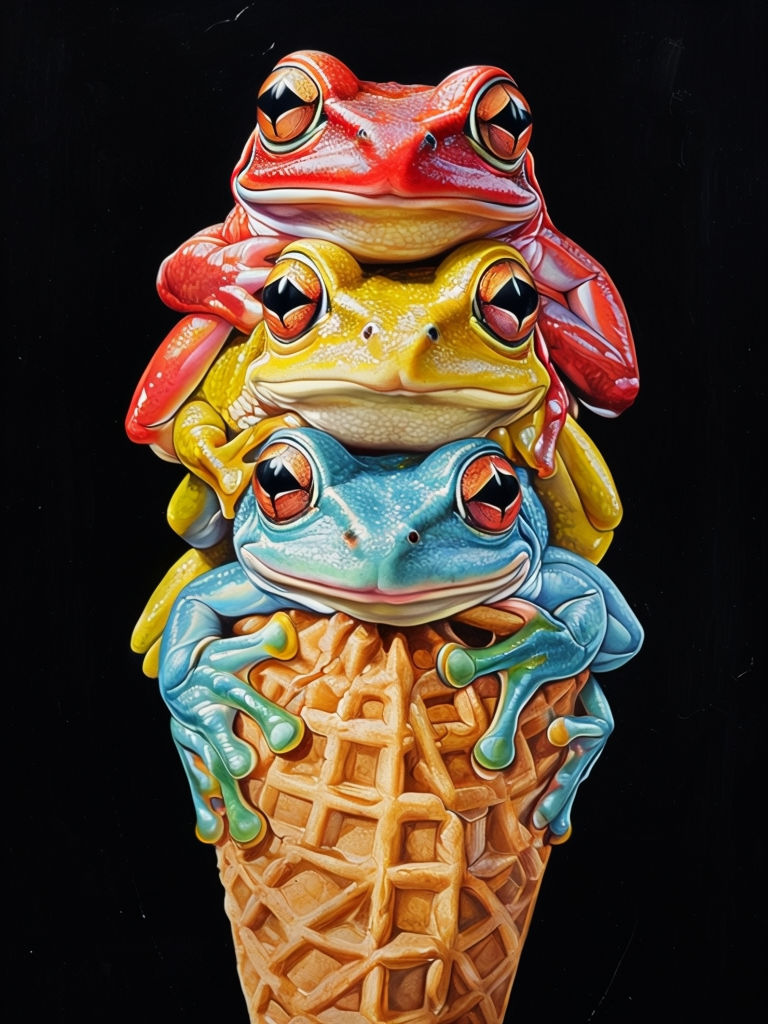 Whimsical Colorful Frogs on Waffle Cone Surreal Art Poster