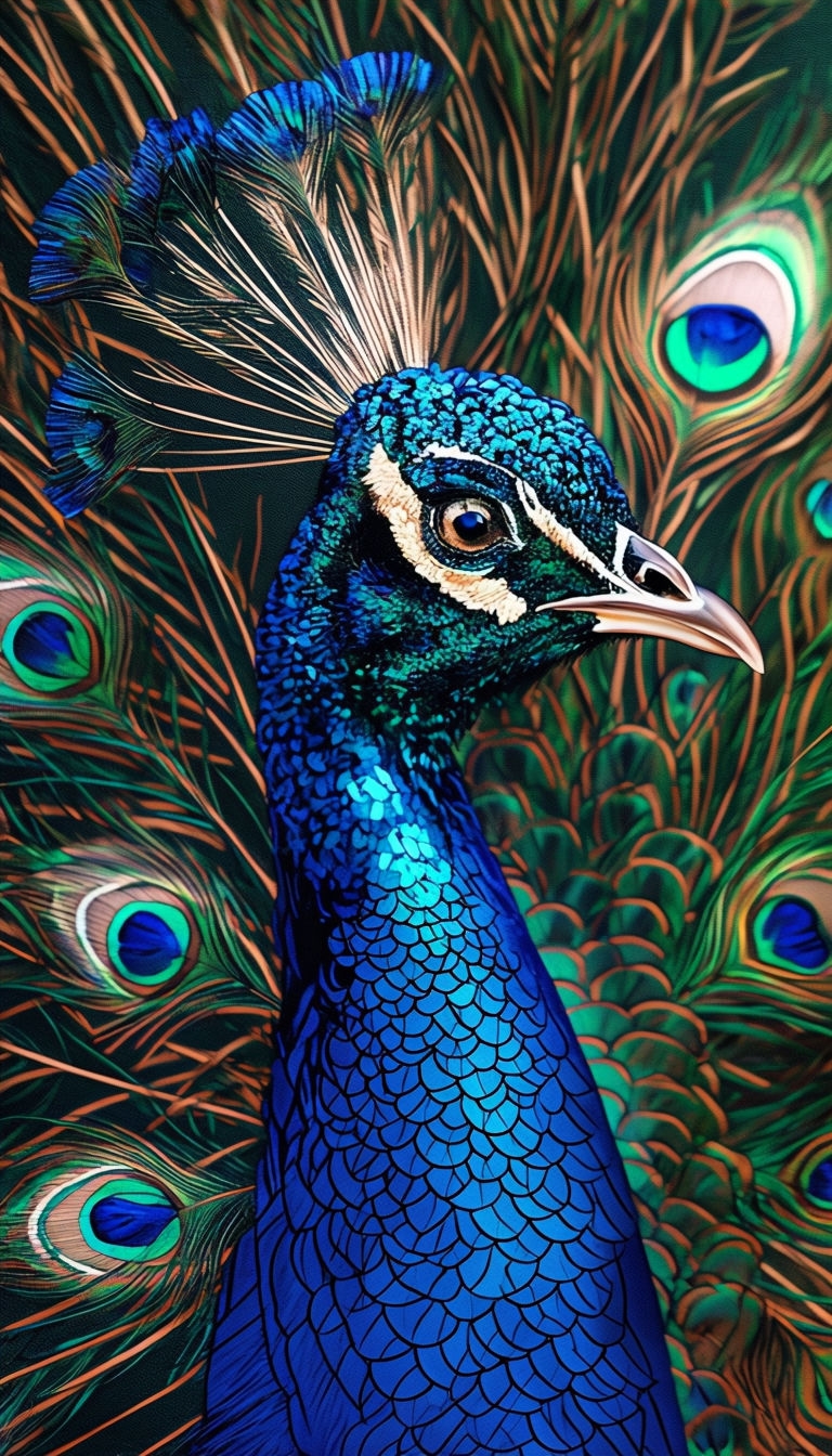 Stylized Peacock Portrait with Iridescent Colors Mobile Wallpaper