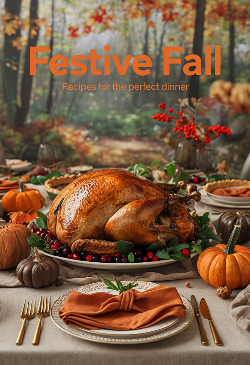 Festive Fall Dining Table Setup with Turkey and Pumpkin Pie Poster