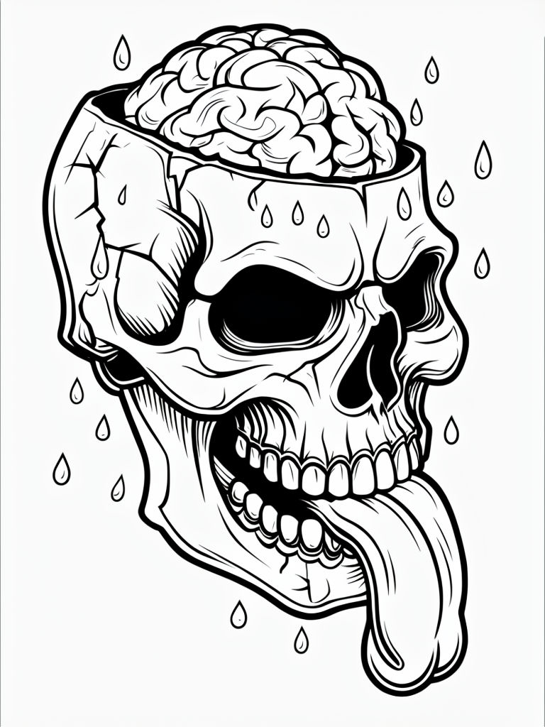 Intricate Skull with Cracked Brain Line Art for Coloring Book Pages