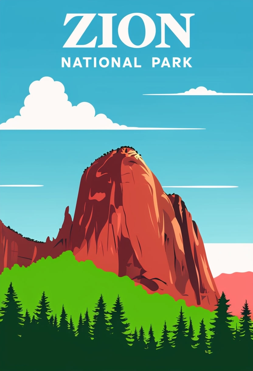 Zion National Park Vibrant Landscape Illustration Poster