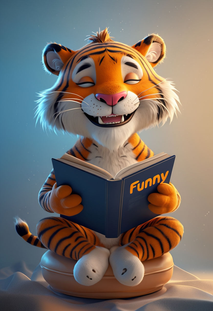 Joyful Anthropomorphic Tiger Reading a Book Illustration Art