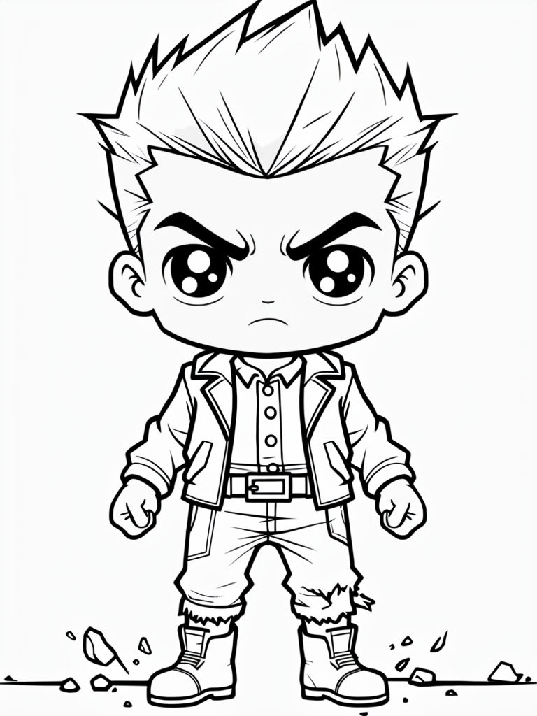 Chibi Cartoon Character with Stern Expression Coloring Page